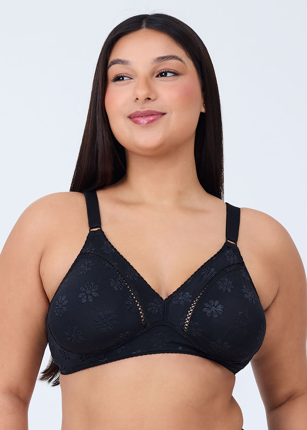 Sutiã Cobertura Total Sem Bojo E Sem Aro Em Microfibra Trabalhada Fio Lycra Summer Flower PRETO