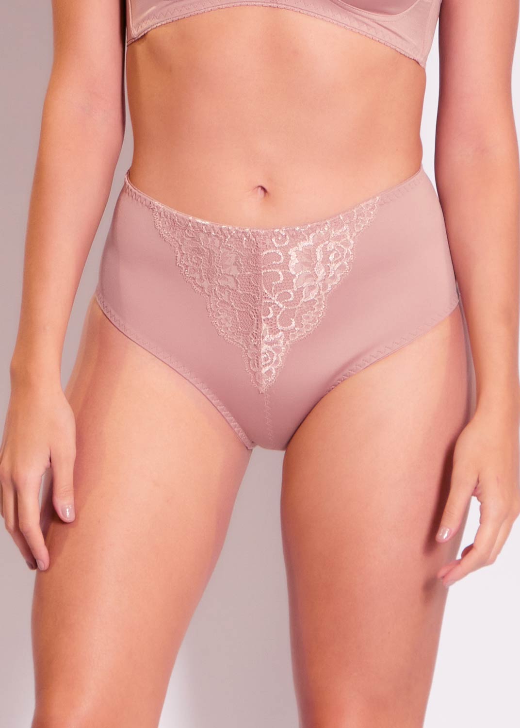 Calcinha Cintura Alta Modeladora Em Microfibra De Alta Compressao E Renda Control Top CASTANHA