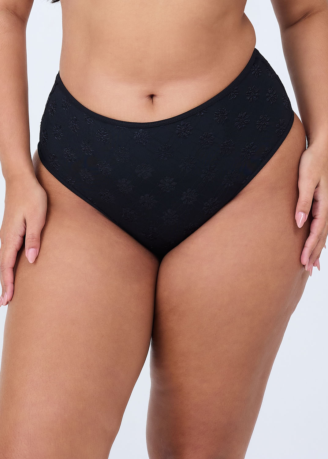 Calcinha Cintura Alta Com Reforço Frontal Em Microfibra Trabalhada Fio Lycra Summer Flower PRETO
