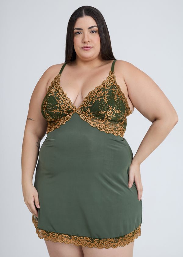 Camisola em Liganete Com Renda Bicolor Plus Size Carol VERDE FLORESTA 50