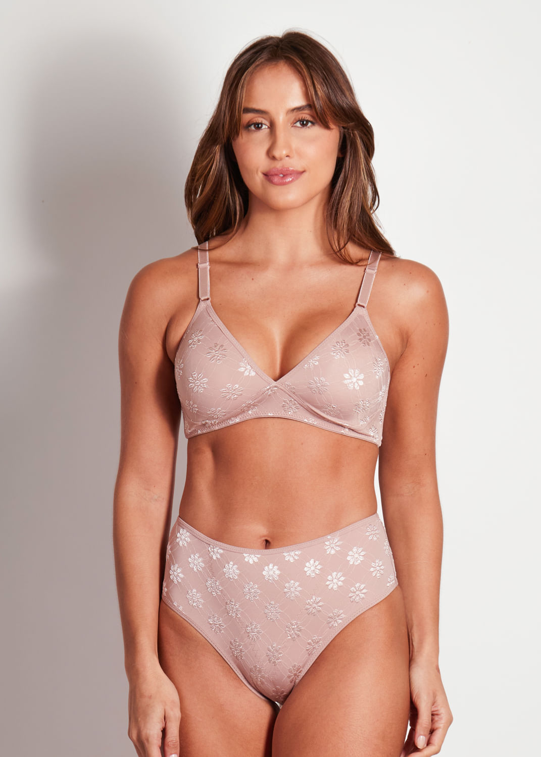 Conjunto Sutiã Triângulo Sem Bojo e Calcinha Cintura Alta Com Reforço Frontal Summer Flower CASTANHA