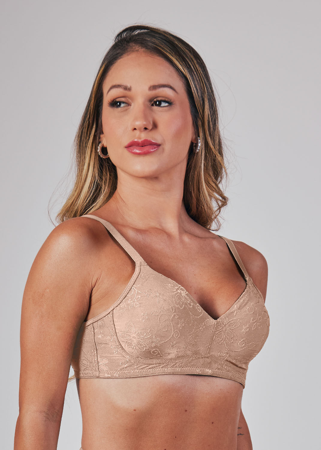 Sutiã Triangulo Sem Bojo e Sem Aro Em Microfibra Trabalhada Fio Lycra Dália BEIGE FONCÉ