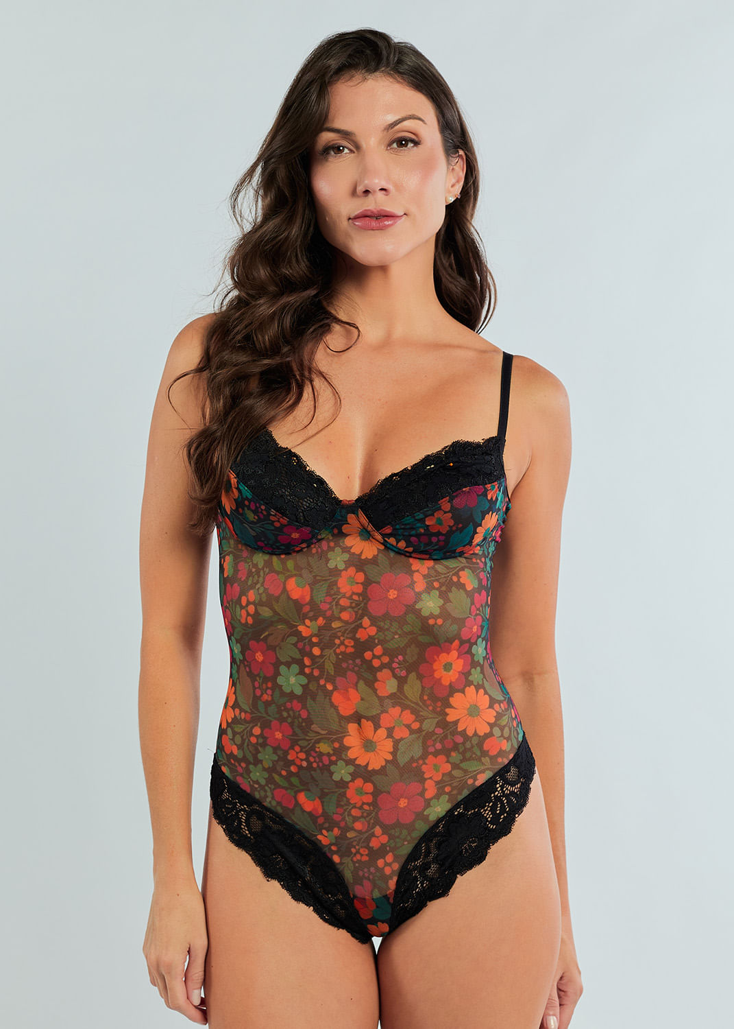Body sem Bojo com Renda em Tule Estampado EUPHORIA